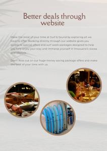 Een flyer voor een strandresort met drie foto's van surfplanken. bij Surf and Sound Imsouane in Imsouane