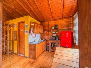 a kitchen with a red refrigerator and wooden walls at Refúgio do Vale in Urubici +23 photos