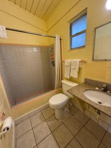 een gele badkamer met een toilet en een wastafel bij Royal inn in Quincy +7 foto's