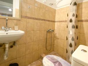 a bathroom with a sink and a shower at Μικρό διαμέρισμα 20μ από την κεντρική πλατεία in Kalamata