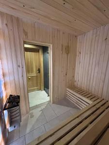 een houten kamer van binnen met een sauna bij Willa Górska Pasja in Szczyrk