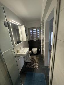 ein Badezimmer mit Waschbecken und Toilette in der Unterkunft Nostalgie 2 in Bad Harzburg
