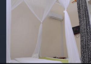 a bedroom with a bed with a white curtain at Icon Luxe in Kampala