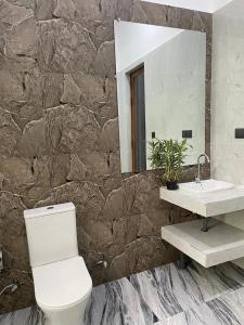 een badkamer met een toilet, een wastafel en een spiegel bij Sigiriya Hotel and Resort in Sigiriya