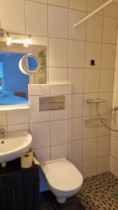 a bathroom with a toilet and a sink and a mirror at Ferienwohnung Claudia Alt-Ossiach in Altossiach