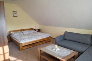 een slaapkamer met een bed, een bank en een tafel bij Krkonošská chaloupka in Cerny Dul +38 foto's