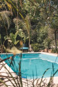 een man in een stoel naast een zwembad bij Casa Ganesha Chapadmalal in Chapadmalal