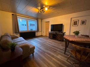a living room with a couch and a television at Hotel Mühlental in Wernigerode