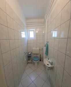 a small bathroom with a toilet and a sink at Panna Ház in Jászapáti +5 photos