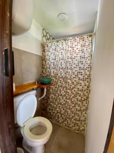 a bathroom with a toilet and a shower curtain at TINY HOUSE Refugio de Mar in Mar del Plata