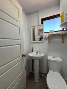 een badkamer met een toilet, een wastafel en een spiegel bij Nomade Balmaceda in Coihaique