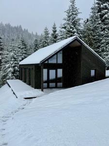 a building covered in snow with trees in the background at Cottages Shepit Lisu New in Myta