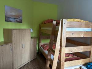 ein Schlafzimmer mit zwei Etagenbetten in einem Zimmer in der Unterkunft Karlov pod Pradědem Apartmány Orbit in Karlov