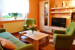 een woonkamer met 2 groene stoelen en een televisie bij Ferienwohnung Landmannsruh in Lubmin