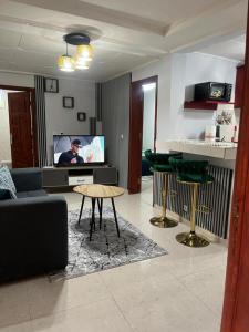 een woonkamer met een bank en een tv bij Résidence Azur in Libreville