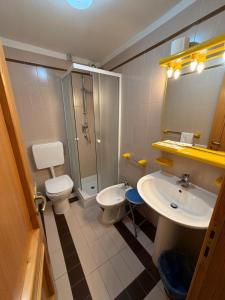 een badkamer met een toilet, een wastafel en een douche bij Albergo Ristorante K2 in Roana