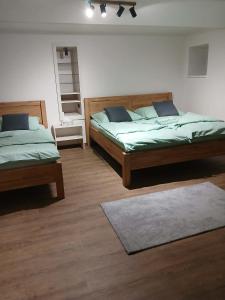 een slaapkamer met 2 bedden en een tapijt bij Ubytování U Mecha 