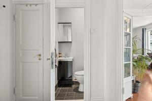 希恩Skien sentrum的带马桶和水槽的白色浴室