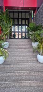 a set of stairs with potted plants in front of a building at Hotel inn de dogras in Udhampur