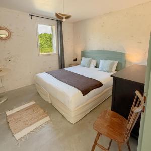 une chambre avec un grand lit et une fenêtre dans l'établissement Les gîtes du pied mulet, à La-Gripperie-Saint-Symphorien