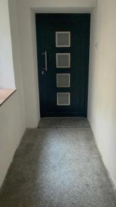 een groene deur in een kamer met een betonnen vloer bij U Radnice Šumperk in Šumperk +1 foto