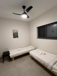 two beds in a room with a ceiling fan at צימר בלב הגולן קצרין in Qasrîne
