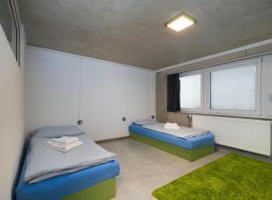 een kamer met twee bedden en een raam bij Apartment Brno-Lesná 