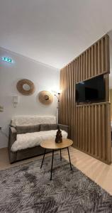 une chambre avec un lit, une table et une télévision dans l'établissement Onar apartments, à Kalavrita