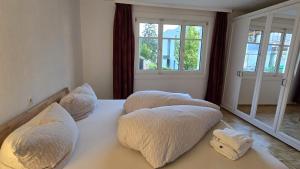 a bedroom with a bed with four pillows on it at Sunset View Apartment Bregenz Bodensee in Bregenz