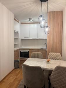 a kitchen with a dining room table and chairs at Apartman MARIJA in Pale