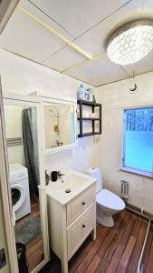 a bathroom with a white sink and a toilet at NorrskensRo in Kiruna