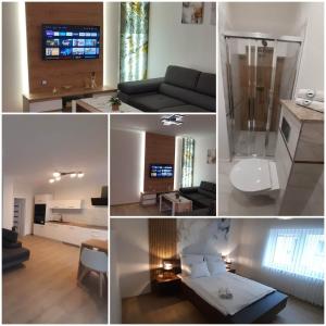 eine Collage mit Fotos eines Wohnzimmers in der Unterkunft Apartament w Czarnowąsach 3 in Oppeln