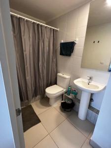 ein Badezimmer mit Toilette und Waschbecken in der Unterkunft Dep al costado del hospital- cercano a safari - buena accesibilidad a carretera panamericana 5 - parking privado in Rancagua