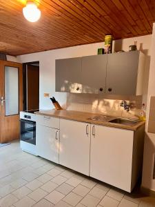 een keuken met witte kasten en een spoelbak bij Chata Roda s vnitřní saunou in Rabyně