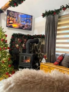 un soggiorno con camino, TV e albero di Natale di EscapeTinyCabin by IezerVenture a Lereşti