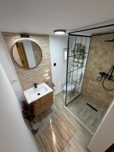 un bagno con lavandino e specchio di EscapeTinyCabin by IezerVenture a Lereşti