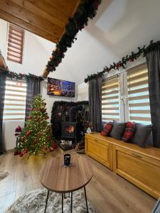 un soggiorno con albero di Natale e tavolo di EscapeTinyCabin by IezerVenture a Lereşti Altre 14 foto