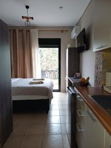 een slaapkamer met een bed en een keuken met een raam bij SeaSide FirView Studio in Néa Khilí +9 foto's