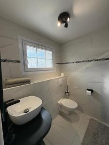 een badkamer met toilet, wastafel en raam bij Maison d'hôtes - La Forge de Clermont in Clermont