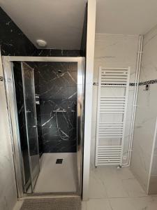 een douche met een glazen deur in een badkamer bij Maison d'hôtes - La Forge de Clermont in Clermont +9 foto's