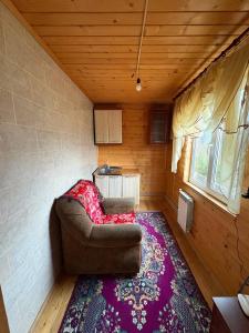 een woonkamer met een bank en een tapijt bij Karpatski Prostory in Slavske +24 foto's