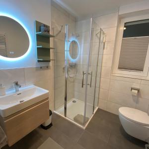 a bathroom with a shower and a sink and a toilet at Ferienhaus Sonnenblick Wernigerode in Wernigerode +7 photos