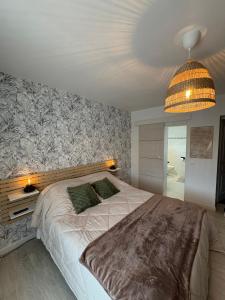 een slaapkamer met een groot bed en een hanglamp bij Maison d'hôtes - La Forge de Clermont in Clermont