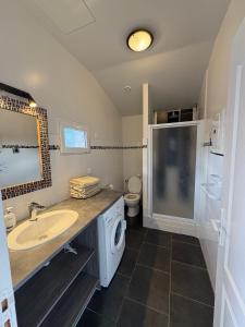 een badkamer met wastafel en wasmachine bij Gîte Le Grand Landais - La Forge De Clermont in Clermont