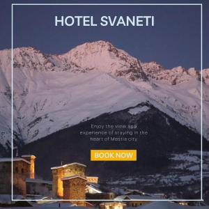 een poster voor een hotel voor een berg bij Hotel Svaneti in Mestia