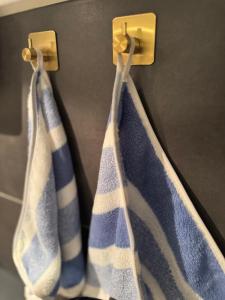 a pair of towels hanging on a door at Studio Design à Mulhouse in Mulhouse