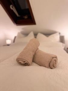 een opgerolde handdoek op een bed bij Waldruhe Bad Steben in Bad Steben +18 foto's