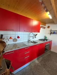 een keuken met rode kasten en een spoelbak bij Rustico Guidotti in Bellinzona
