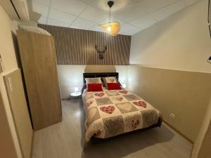 a bedroom with a bed with red pillows at Studio de la Doller in Masevaux
