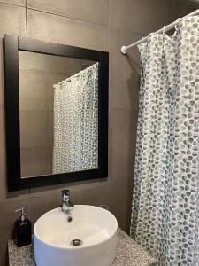 a bathroom with a sink and a shower curtain at Duplex del Parque y Balneario in Necochea +15 photos